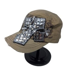 Leader Cadet Hat Women OS Tan Studded Cross Distressed Gothic Biker LEA